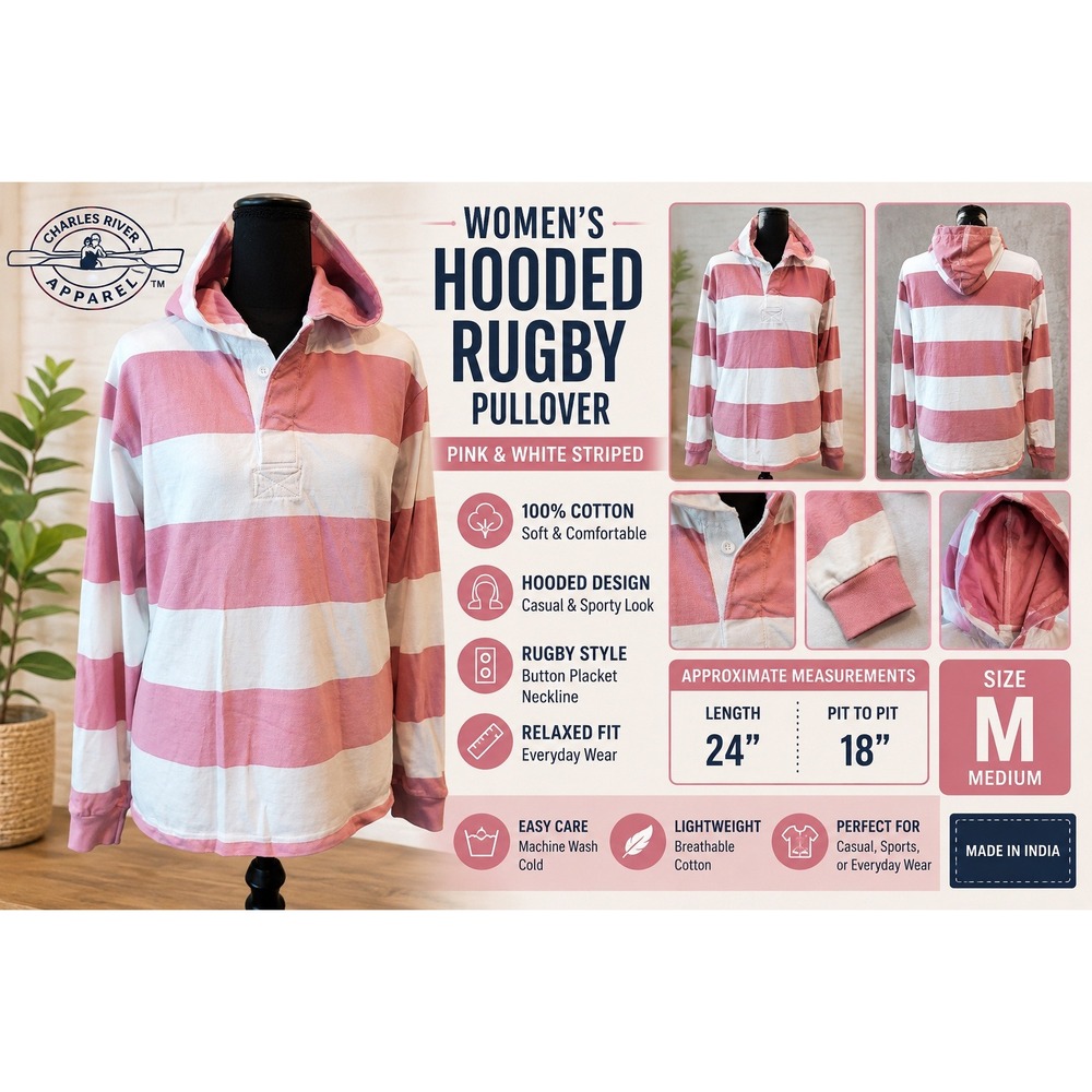 Charles River Apparel Women Hooded Rugby Pullover Pink White Striped Medium